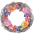 Wildflower begonia flower wreath in a watercolor style.