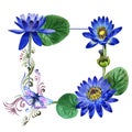 Wildflower blue lotus flower frame in a watercolor style isolated.