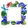 Wildflower blue lotus flower frame in a watercolor style isolated. Royalty Free Stock Photo