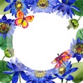 Wildflower blue lotus flower frame in a watercolor style isolated. Royalty Free Stock Photo