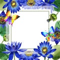 Wildflower blue lotus flower frame in a watercolor style isolated. Royalty Free Stock Photo