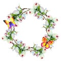 Wildflower dogwood flower wreath in a watercolor style isolated.