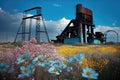 wildflower field blooming next to coal mining operation Royalty Free Stock Photo