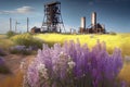 wildflower field blooming next to coal mining operation Royalty Free Stock Photo