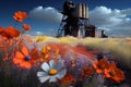 wildflower field blooming next to coal mining operation Royalty Free Stock Photo