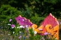 Wildflower garden and benches outdoor relaxing space Royalty Free Stock Photo