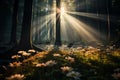 Wildflower glow Sunbeams penetrate dense canopy, illuminating the forest floor