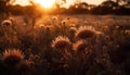 Wildflower growth in uncultivated meadow, back lit by sunrise generated by AI