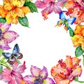 Wildflower hibiscus flower frame in a watercolor style isolated.