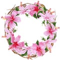 Wildflower hibiscus pink flower wreath in a watercolor style. Royalty Free Stock Photo