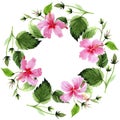 Wildflower hibiscus pink flower wreath in a watercolor style. Royalty Free Stock Photo