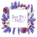 Wildflower lavender flower frame in a watercolor style isolated. Royalty Free Stock Photo