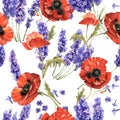 Wildflower lavender and poppy flower pattern in a watercolor style isolated. Royalty Free Stock Photo