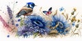 Wildflower Meadow with Cornflowers, Bluebells, Bird, and Butterfly Generative AI