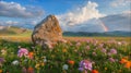 Wildflower Meadow with Rocky Outcrop and Rainbow