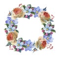 Wildflower myosotis flower wreath in a watercolor style isolated