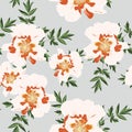 Wildflower Peony Flower Seamless Pattern Isolated On Vintage Blue Background.