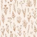 Wildflower seamless pattern with outline florals. Retro style print design with hand drawn doodle flowers in rustic