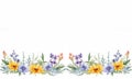 wildflowers border illustration on white background, watercolor style, chamomile, lavender, eucalyptus leaves, created with ai