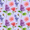 Wildflowers branches of blue bell, roses and lilac. Watercolor flowers. violet Seamless patterns