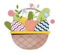 Wildflowers Easter eggs wicker basket 2D linear cartoon object Royalty Free Stock Photo