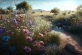 Wildflowers in the field at sunset. 3d illustration.