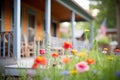 wildflowers in foreground with log cabin porch behind Royalty Free Stock Photo