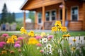 wildflowers in foreground with log cabin porch behind