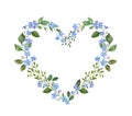 Wildflowers heart wreath, watercolor floral frame illustration. Valentines day themed design with blue flowers and greenery Royalty Free Stock Photo