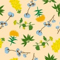 Wildflowers and leaves seamless pattern. Yellow inflorescences with green maple leaves orange daisies. Royalty Free Stock Photo