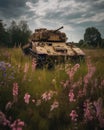 The wildflowers and long grass do not obscure the tragedy of the tank but rather evidence a new powerful struggle