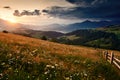 Wildflowers, meadow and golden sunset in carpathian mountains - beautiful summer landscape, spruces on hills, dark cloudy sky and Royalty Free Stock Photo