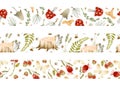 Wildflowers, mushrooms and forest elements watercolor seamless borders set