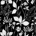 Seamless vector pattern with wildflowers on black background. Grass mouse peas with flowers and plantain.Silhouettes and outline. Royalty Free Stock Photo