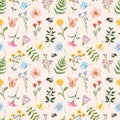 Wildflowers seamless pattern. Cute watercolor flowers, leaves, herbs, butterflies and bees print