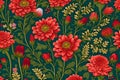 Wildflowers seamless pattern with meadow flowers. Red poppy sealess with green leaves texture on a dark background Royalty Free Stock Photo