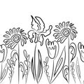 Wildflowers seamless pattern. sunflower and iris. Line art. Watercolor spots and colors. Vector illustration