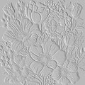 Wildflowers textured emboss 3d line art pattern. Floral embossed relief background. Grunge backdrop. 3d poppy daisy chamomile