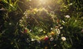 Wildflowers wreath on a sunny meadow. Sunny green natural background. Summer solstice concept. Symbol of Beltane.