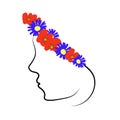 Wildflowers wreath on womens head. Girls profile face with poppies and blue daisies, vector eps 10 Royalty Free Stock Photo