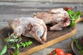 Wildfowl hunting. Two raw woodcock on rustic table, russian cuisine Royalty Free Stock Photo