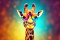 wildlife animal giraffe colorful neck sunglasses africa zoo portrait mammal. Generative AI.