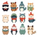 Christmas animal characters set with fir tree, flat vector illustration isolated. Set of cute funny Christmas characters. Colorful Royalty Free Stock Photo