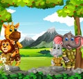 Wildlife Animals In Forest With Grass Field And Mountain Range Cartoon