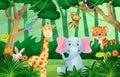 Wildlife animals in jungle scene . Kids style . Vector