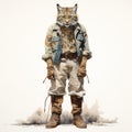 Vintage Watercolored Bobcat In Denim Vest And Boots