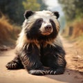 Wildlife Asia. Cute animal on the road Asia forest. Sloth bear Melursus ursinus Ranthambore National Park India