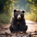 Wildlife Asia. Cute animal on the road Asia forest. Sloth bear Melursus ursinus Ranthambore National Park India