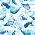 Wildlife big blue whales watercolor seamless pattern on white background