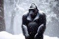 Wildlife and climate change, eco problem concept. Sad african gorilla freezing outdoors in winter. Tropical monkey in snowfall